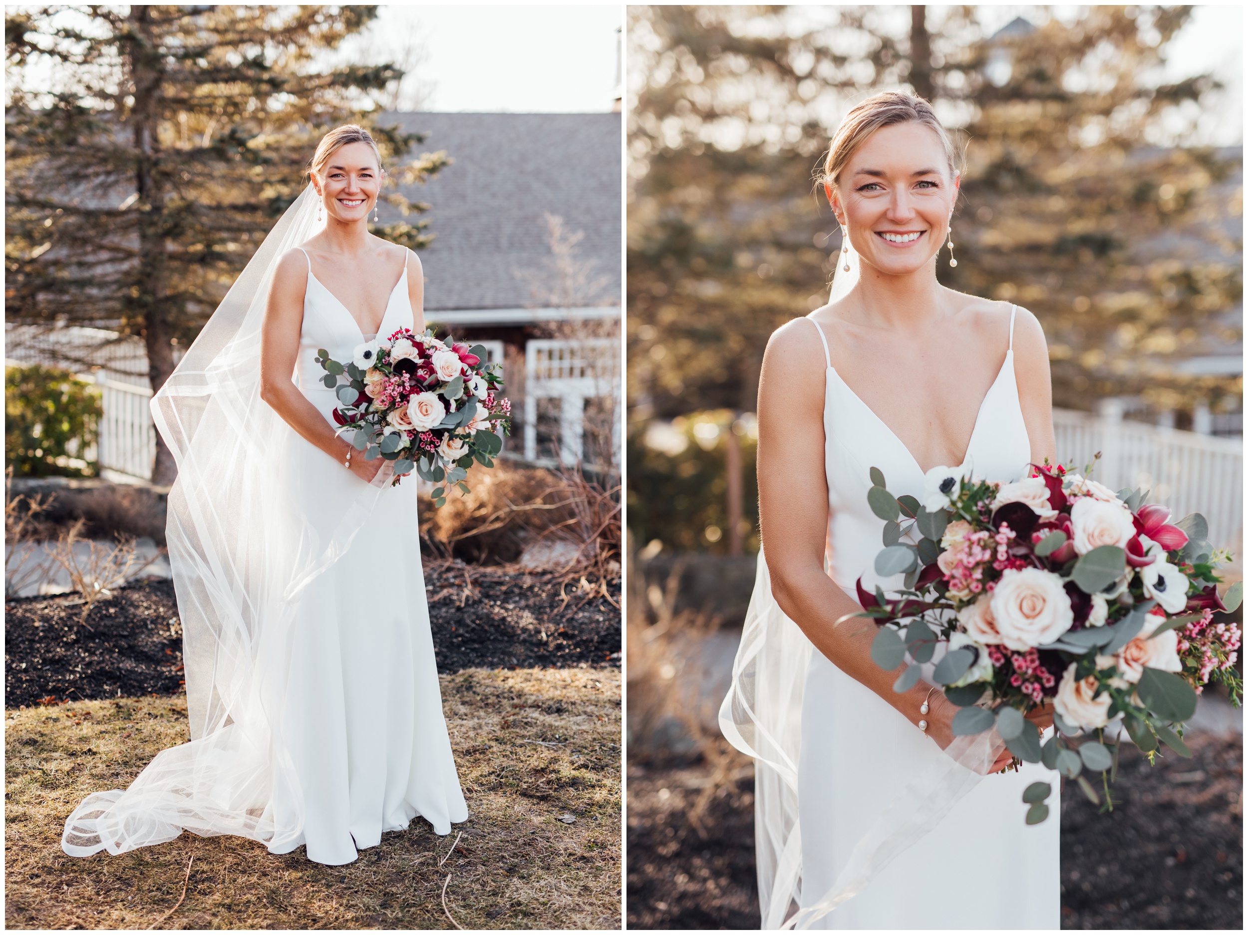 Bride holding bouquet during winter wedding at Red Lion Inn Cohasset Massachusetts